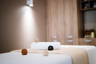 Beautiful massage beds in spa resort room