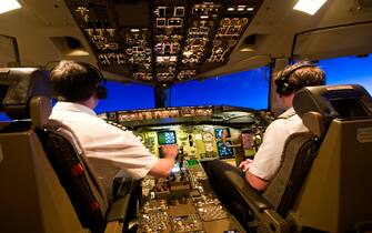 2 Pilots in Cockpit of a Boeing 757 Aircraft over Europe