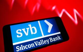 UKRAINE - 2023/03/11: In this photo illustration, Silicon Valley Bank (SVB) logo seen on a smartphone screen. (Photo Illustration by Pavlo Gonchar/SOPA Images/LightRocket via Getty Images)