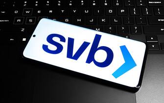 CHINA - 2023/03/12: In this photo illustration, a Silicon Valley Bank (svb) logo is displayed on the screen of a smartphone. (Photo Illustration by Sheldon Cooper/SOPA Images/LightRocket via Getty Images)