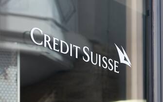 SANKT MORITZ, SWITZERLAND - AUGUST 16, 2018: Credit Suisse, swiss bank sign on window in Sankt Moritz, Switzerland