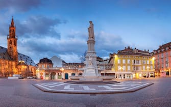 Bolzano, Italy. Cityscape image of historical city of Bolzano, Trentino, Italy during twilight blue hour.