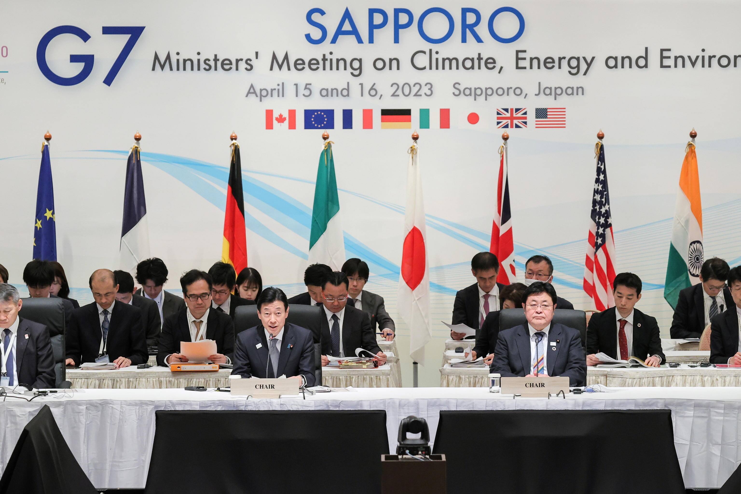 Japan s Economy Minister Yasutoshi Nishimura (L) and Environment Minister Akihiro Nishimura attend the G7 Ministers' Meeting on Climate, Energy and Environment meeting in Sapporo, northern Japan, 15 April 2023. ANSA/JIJI PRESS JAPAN OUT EDITORIAL USE ONLY/