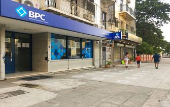 Luanda, Angola - April 08th, 2020:Social safe distancing measure. Marked spots of 1m apart at BPC bank branch during State of Emergency in Angola.