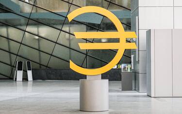 Frankfurt, Germany - July 19, 2022: the Euro sign at the entrance to the new european central Bank building in Frankfurt, Germany.