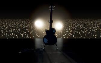 An electric guitar resting on a stand on a music concert stage lit by a single dramatic spotlight facing an audience of illuminated lighter flames - 3