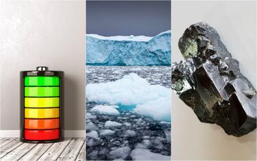 una batteria di litio, un iceberg, un pezzo di tungsteno