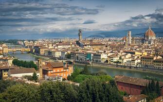 Florence, Tuscany, Italy.  Overall view of the city centre across the Arno river.  The historic centre of Florence is a UNESCO World Heritage Site
