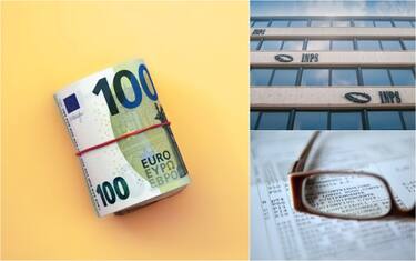 rotolo di banconote da 100 euro, palazzo inps e un paio di occhiali su busta paga
