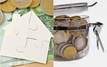 puzzle di una casa, soldi e barattolo con monete di euro