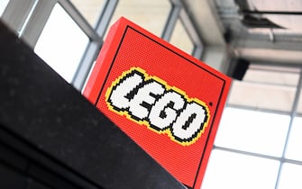 25 May 2022, Bavaria, Munich: The Lego company logo built from Lego bricks, taken at the Lego Summer Birthday Bash anniversary event. Lego celebrates 90 years of corporate history. Photo: Tobias Hase/dpa (Photo by Tobias Hase/picture alliance via Getty Images)