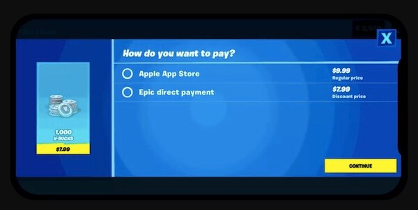 La schermata con le due opzioni di pagamento su Fortnite Screenshot della seconda opzione di pagamento introdotta da Fortnite