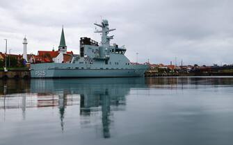 epa10211165 A Danish military vessel at the harbor of Ronne at the island Bornholm, Denmark, 28 September 2022. The Danish energy agency confirmed 27 September 2022 three gas leaks on the Nord Stream 1 and 2 pipelines. On 28 September Danish Defense Minister Morten Bodskov and NATO's Secretary General Jens Stoltenberg met in Brussels to discuss the situation.  EPA/HANNIBAL HANSCHKE