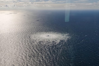 A handout photo taken from a Danish F-16 jet on 27 September 2022 and made available by the Danish Defence Command shows a gas leak of the Nord Stream 2 pipeline off Bornholm, Denmark, Baltic Sea. The Danish energy agency confirmed 27 September 2022 three gas leaks on the Nord Stream 1 and 2 pipelines. ANSA/Danish Defence Command / HANDOUT  HANDOUT EDITORIAL USE ONLY/NO SALES