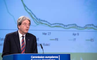 (200506) -- BRUSSELS, May 6, 2020 (Xinhua) -- Paolo Gentiloni, European Commissioner for the Economy, attends a press conference in Brussels, Belgium, May 6, 2020. The European Commission said in an economic forecast that despite a policy response at both the European Union (EU) and national level, the EU economy will experience a recession of historic proportions this year due to the coronavirus pandemic. (European Commission/Handout via Xinhua) (Photo by Xinhua/Sipa USA)