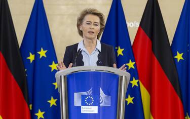 BRUSSELS, BELGIUM - JULY 2: Virtual Press conference of the President of the EU Commission Ursula von der Leyen and the German Chancellor for the start of the German Presidency of the European Union in the Berlaymont, the EU Commission headquarter on July 2, 2020 in Brussels, Belgium.  (Photo by Pool/Getty Images)
