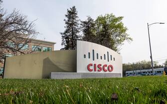Signage outside of Cisco Systems headquarters in San Jose, California, U.S., on Monday, Feb. 8, 2021. Cisco Systems Inc. is scheduled to release earnings figures on February 9. Photographer: David Paul Morris/Bloomberg via Getty Images