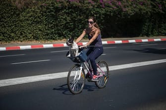 456627450 TEL AVIV, ISRAEL - OCTOBER 04: A woman rides her bicycle with her pet dog in the middle of the empty streets of Tel Aviv during Yom Kippur on October 04, 2014 in Tel Aviv, Israel. Israel comes to a standstill for 25-hours during the high holiday of Yom Kippur, the day of atonement and the holiest of Jewish holidays when observant Jews fast and Israelis are prohibited from driving. (Photo by Ilia Yefimovich/Getty Images)