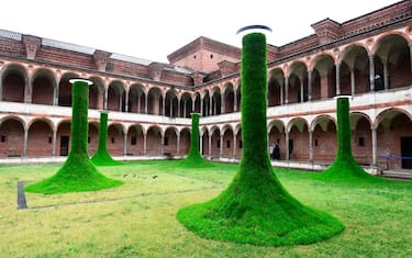 TOPSHOT - An installation called "Sleeping piles", by Estudio Campana is exhibited at the Milan University (L'Università degli Studi di Milano) during the Fuorisalone 2019 design week on April 11, 2019. - The Milan Furniture fair week is taking place in various locations across Milan from April 9 through 14, 2019. (Photo by Miguel MEDINA / AFP) / RESTRICTED TO EDITORIAL USE - MANDATORY MENTION OF THE ARTIST UPON PUBLICATION - TO ILLUSTRATE THE EVENT AS SPECIFIED IN THE CAPTION (Photo by MIGUEL MEDINA/AFP via Getty Images)