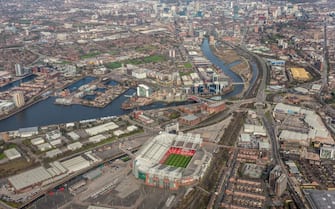 660339912 MANCHESTER, ENGLAND, MARCH 26. Aerial photograph of Old Trafford, Home of Manchester United football club on March 26, 2017. This Stadium nicknamed the theatre of dreams was built in 1909, it is located 2 miles south-west of the city centre, on the banks of the Bridgewater Canal. (Photograph by David Goddard/Getty Images)