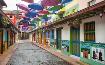 Guatape, Antioquia / Colombia - February 02, 2020. Tourist municipality of the Andes northwest of Colombia and east of MedellÃ­n. It is famous for its houses decorated with colored bas-reliefs.