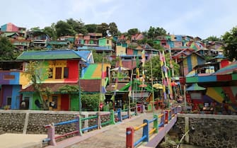 The colourful or 'rainbow' village (Kampung Pelangi) in Semarang, Central Java, Indonesia. It was slum area before.  Pic was taken in January 2018."n