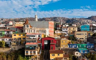 View of the "Espiritu Santo" elevator, which is currently out of operation due to the new coronavirus pandemic, in one of the hills of Valparaiso, Chile, on June 08, 2020. - Amid the hills of Valparaiso, the new coronavirus advances and intimidates a port city without tourists or lifts to the slopes, which residents need to walk up and down carrying groceries to get home. (Photo by MARTIN BERNETTI / AFP) (Photo by MARTIN BERNETTI/AFP via Getty Images)