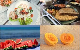 Cibi da mangiare in estate Melone, anguria,frittata e caesar salad