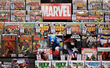 UNITED STATES - AUGUST 31:  Marvel comics sit on display at Midtown Comics in New York, U.S., on Monday, Aug. 31, 2009. Walt Disney Co. said it agreed to buy Marvel Entertainment Inc. for about $4 billion in a stock and cash transaction, gaining comic-book characters including Iron Man, Spider-Man and Captain America.  (Photo by Daniel Acker/Bloomberg via Getty Images)