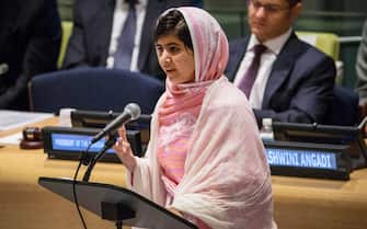 NEW YORK, NY - JULY 12:  Malala Yousafzai, the 16-year-old Pakistani advocate for girls education who was shot in the head by the Taliban, speaks at the United Nations (UN) Youth Assembly on July 12, 2013 in New York City. The United Nations declared July 12, "Malala Day." Yousafzai also celebrates her birthday today.  (Photo by Andrew Burton/Getty Images)