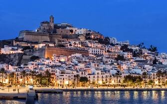 Ibiza Town and the cathedral of Santa Maria d'Eivissa at night.