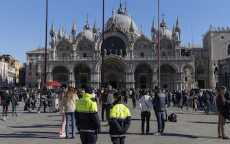 VENICE, ITALY - FEBRUARY 12: Local police officers patrol San Marco Square during the carnival in in Venice on February 12, 2022.
The theme for the 2022 edition of Venice Carnival is "Remember The Future" and will run from February 12 to March 1. Main carnival festivities have been canceled to limit the spread of Covid-19. (Photo by Federico Vespignani/Anadolu Agency via Getty Images)