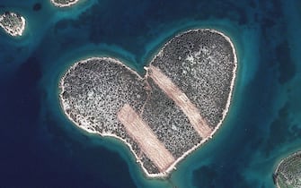 HEART ISLAND, GALESNJAK, CROATIA - FEBRUARY 16, 2013:  This is a satellite image of Heart Isalnd, Galesnjak, Croatia collected on February 16, 2013.  (Photo DigitalGlobe via Getty Images via Getty Images)