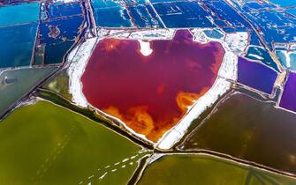 YUNCHENG, CHINA - FEBRUARY 02: Aerial view of a colorful salt lake on February 2, 2020 in Yuncheng, Shanxi Province of China. (Photo by Xue Jun/VCG via Getty Images)