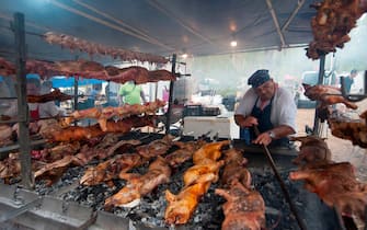 Porceddu', roast baby pork wrapped around a spit, 'Cordula' made up of braided and cooked kid or lamb intestines wrapped around a spit, typical Sardinia recipe, Campidano, Sardinia, Italy, Europe. (Photo by: Enrico Spanu/REDA&CO/Universal Images Group via Getty Images)