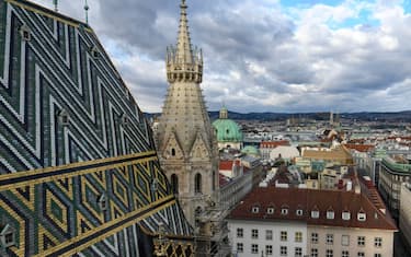 Panoramic view of Vienna from the North Tower of St. Stephen Cathedral or Stephansdom, main catholic church in Vienna, Austria. January 2022 (Photo by Maxym Marusenko/NurPhoto via Getty Images)