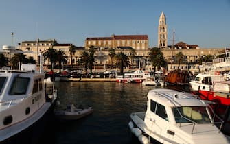 Boats in the port are seen with The Diocletian's Palace in the background in Split, Croatia on September 14, 2021.  (Photo by Jakub Porzycki/NurPhoto via Getty Images)