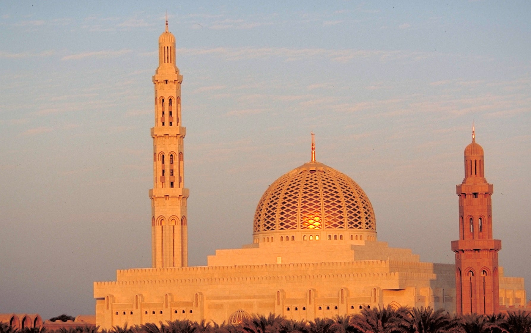 Exterior views of the Sultan Qaboos Grand Mosque during sunset, Bawshar, Oman