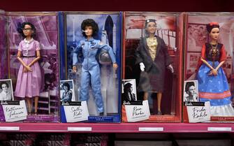 PARIS, FRANCE - NOVEMBER 06: The 'Inspiring Women Series' Barbie Signature Doll of Katherine Johnson, Sally Ride, Rosa Parks and Frida Kahlo are seen during the "Barbie's Dream House" at Galeries Lafayette Haussmann on November 06, 2019 in Paris, France. (Photo by Kristy Sparow/Getty Images)