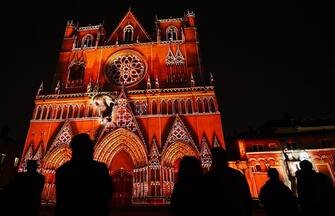 A picture taken on December 6, 2012 shows the Saint-Jean cathedral enlightened in Lyon, central eastern France, during the 14th edition of the "FÃªte des LumiÃ¨res" (Festival of Lights), a secular version of a religious tradition devoted to Virgin Mary and dating back 152 years ago.     AFP PHOTO/PHILIPPE DESMAZES        (Photo credit should read PHILIPPE DESMAZES/AFP via Getty Images)