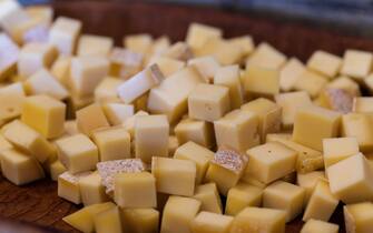 Close up of Bitto and Casera cheese cubes, Valtellina, Sondrio province, Lombardy, Italy