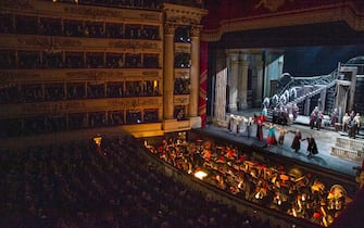 MILAN, ITALY - DECEMBER 07: The cast of the opera "La Tosca" during the final applauses the "Prima Alla Scala" at Teatro Alla Scala on December 07, 2019 in Milan, Italy. (Photo by Pietro D'aprano/Getty Images)