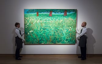 LONDON, UNITED KINGDOM - OCTOBER 14: Art handlers hold a painting titled 'Queen Anne's Lace Near Kilham' by David Hockney (estimate: $8,000,000-12,000,000) during a photo call to present the highlights from the estate of the philanthropist and co-founder of Microsoft, Paul G. Allen in London, United Kingdom on October 14, 2022. The collection of over 150 masterpieces, valued in excess of $1 Billion, will be offered at an auction on 9 and 10 November at Rockefeller Center in New York, with all proceeds dedicated to philanthropic causes. (Photo by Wiktor Szymanowicz/Anadolu Agency via Getty Images)