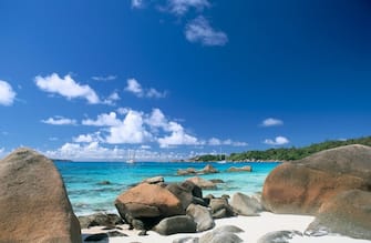 Anse Lazio is one of the most beautiful granitic beaches of the Seychelles. L'anse Lazio est une des plus belles plages granitiques des Seychelles. (Photo by Ariel FUCHS/Gamma-Rapho via Getty Images)