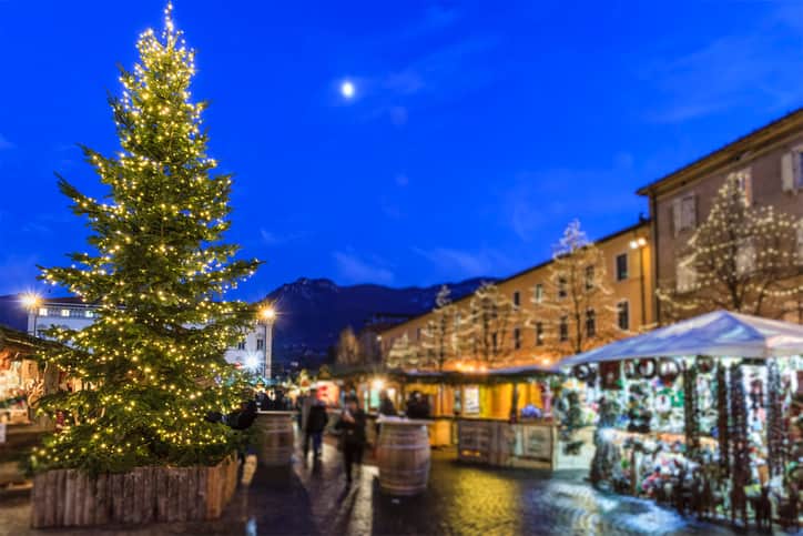 Christmas market in Piazza Fiera in Trento, a historic city in northern Italy.