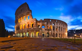 Rome, Lazio, Italy, Colosseum at winter sunrise,