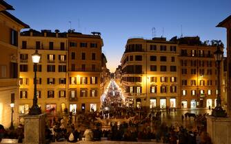 Rome. Italy. View from the Spanish Steps overlooking Piazza di Spagna & Via dei Condotti.