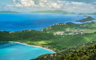 Panoramic landscape view of Magens Bay Beach, St Thomas, Caribbean.