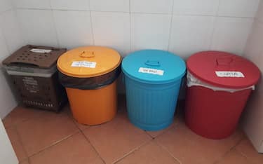 Rifiuti, spazzatura: bidoni raccolta differenziata in una casa di Roma, 22 novembre 2018. ANSA/STEFANO SECONDINO