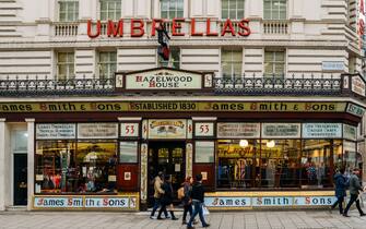 London, UK - Mar 6, 2018: Slice of Victorian London is thriving on Oxford Street, London with James Smith and Sons Umbrella Shop